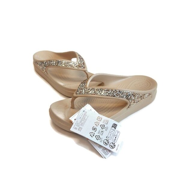 CROCS Sloane Glitter Wedge Flip Flops Womens Sz 9 Lightweight Sandals Chai Gold - Picture 5 of 9